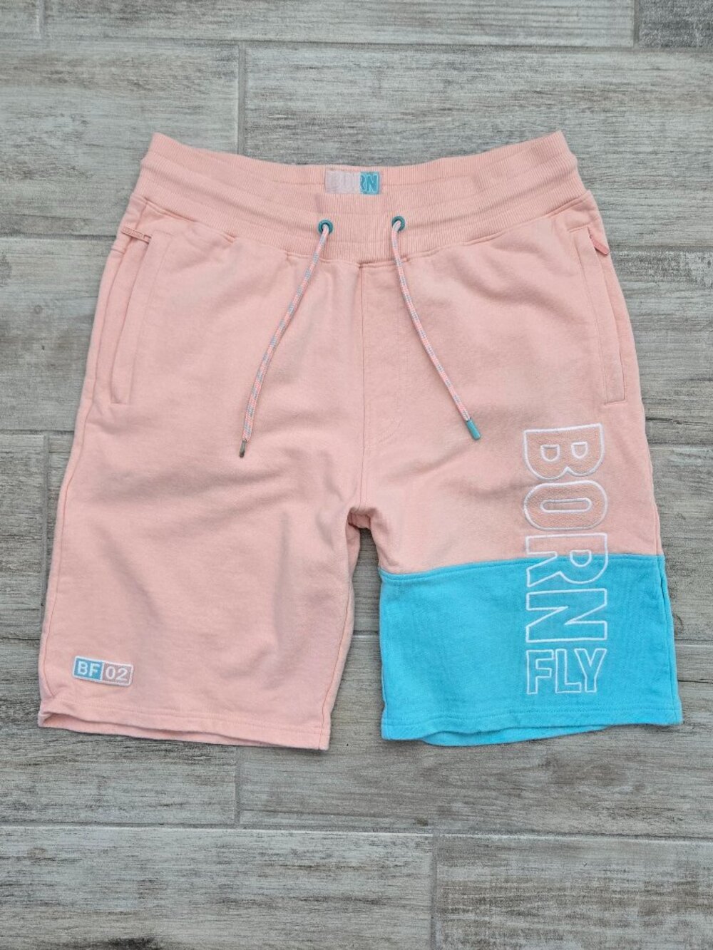 Born Fly Terry Sweatpants Mens Peach and Blue Colorblock Chunky Spell Out L